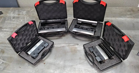 Heavy Duty 8 Inch Magnetic Vise Mount Metal Brake Bender cases with foam padding and metal components in open view