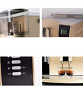 One Touch Fully Automatic Espresso Machine With 1.6L Water Tank 20 Bar Pressure Milk Frother Arm Auto Clean Anti Drip Adjustable Grind Black Great For Home Baristas And Cafe Vibes showing close-up of grinder, buttons, and espresso cups