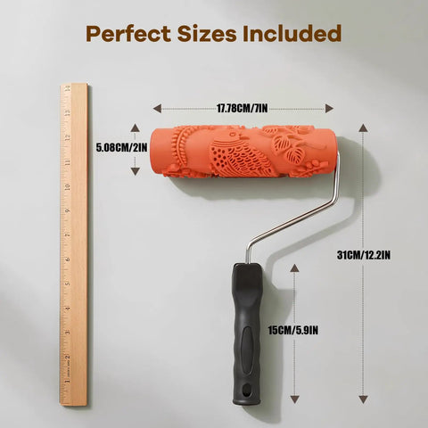 7 Inch Soft Rubber Embossing Paint Roller For Seamless Wall Texturing With Comfort Grip and Reusable Build next to a ruler for size reference.