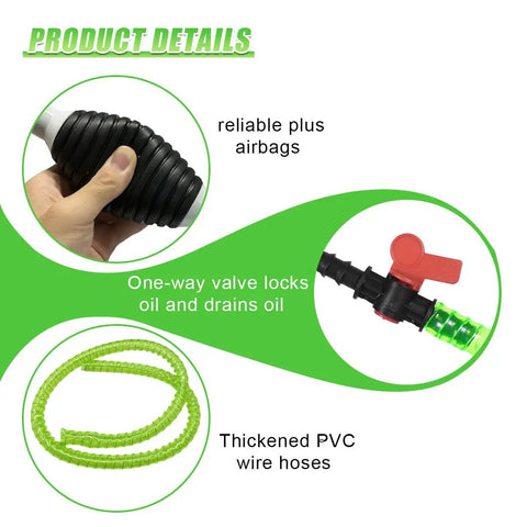 Heavy Duty Liquid Siphon Pump With Three Foot PVC Hose, detailed view of one-way valve and thickened PVC hoses for fluid transfer.