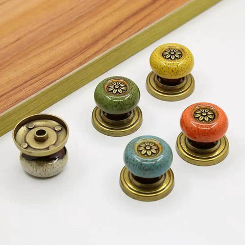 Super Cool Yellow Leopard Ceramic Cabinet Knobs 5 Pack Groovy Petal Cupboard Pulls With Rustic Zinc Backplate Smart Diy Install For Kitchen Drawers Wardrobe Door Decor Vibe displayed in colorful ceramic and zinc knobs.