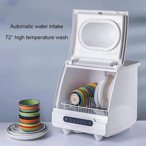Slick Countertop Dishwasher With Stainless Steel Tub And Six Place Settings Rack Portable Kitchen Fix Featuring No Sweat Setup Delay Button And Killer Scrubbing Power For Dorms And Tight Apartments, open with colorful dishes inside.