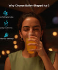 Person drinking with bullet ice benefits text next to them, illustrating Smart Countertop Ice Maker Portable Ice Machine features.