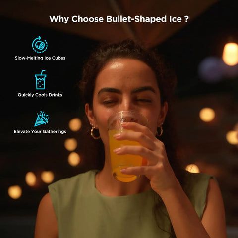 Person drinking with bullet ice benefits text next to them, illustrating Smart Countertop Ice Maker Portable Ice Machine features.