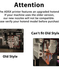 Comparison of AD5X upgraded hotend and old style, highlighting differences for Beefed-Up All Metal Hotend Kit With 0.25mm 0.4mm 0.6mm Nozzles