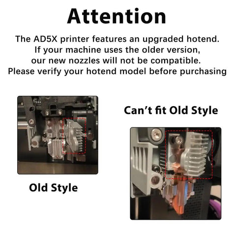 Comparison of AD5X upgraded hotend and old style, highlighting differences for Beefed-Up All Metal Hotend Kit With 0.25mm 0.4mm 0.6mm Nozzles