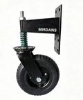 Tough As Nails Eight Inch Heavy Duty Gate Caster Featuring Built In Spring Loaded Swivel for wooden fences, 8 inch rubber tread and steel bracket.
