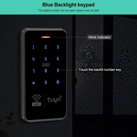 Waterproof Access Control Keypad For Home Security System With Tuya Smart Remote Unlock Corded Power Smartphone Compatible Includes 10 Silver Key Rings Compact 140x70x16mm Build No Fuss Setup For Easy Mounting mounted near door with blue backlight