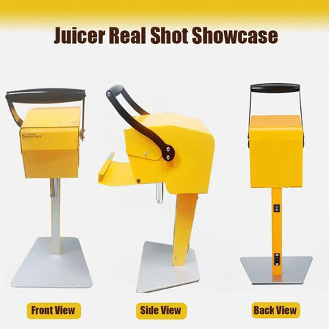 Heavy Duty Electric Citrus Juicer With Three-Blade Steel Cutter Head For High Yield And Quick Press Operation Detachable Design, front side and back views.