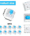 30 Piece Blue Mechanical Keyboard Switches Pack With 3 Pin Pre Lubed Clicky Key Switches, product size and details, 30 switches shown
