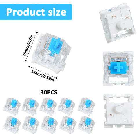 30 Piece Blue Mechanical Keyboard Switches Pack With 3 Pin Pre Lubed Clicky Key Switches, product size and details, 30 switches shown