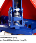 Heavy Duty Manual Pallet Truck Slams 8 Ton Loads With Rock Solid Hydraulic Power Compact casters view of hydraulic spring mechanism.