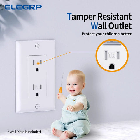 Decorator Wall Outlet With Tamper Resistant Safety, 15 Amp 125V Receptacle, Self Grounding, Residential Grade, UL Listed, Glossy White, Wall Plate Included, 10 Pack For Easy Home Wiring Upgrades with child for safety demonstration