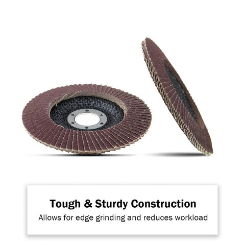 Four And One Half Inch Aluminum Oxide Flap Disc Set Type 27 60 Grit For Auto Body Sanding And Grinding 10 Pack close-up angle