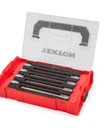 Three Eighths Inch Drive Torx Socket Set With 24 Pieces Including Torx And Tamper Resistant Torx Sockets T10 To T60 And TR10 To TR60 In S2 Steel Case displayed in red case with transparent lid