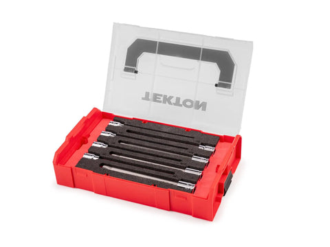 Three Eighths Inch Drive Torx Socket Set With 24 Pieces Including Torx And Tamper Resistant Torx Sockets T10 To T60 And TR10 To TR60 In S2 Steel Case displayed in red case with transparent lid