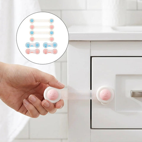 Eight Pack Childproof Cabinet Locks with Adhesive Mounting ABS Material in use on white cabinet drawer