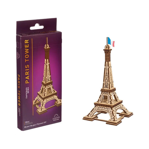 Paris Tower 3D Puzzle Kit No Glue Needed, 50 Wooden Pieces, 7.08 Inch Tall, Brown Finish, Easy Build For DIY Enthusiasts And Collectors, World Cities Collection, Fun Desk Model For Kids And Adults, box and assembled Eiffel Tower model