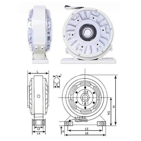 Side and front view diagrams of 25Nm Magnetic Powder Brake With Hollow Shaft For Tension Control And Unwinding, industrial use.