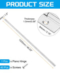 Straight Up Heavy Duty Stainless Steel Piano Hinge 48 Inch Long By 1 5 Inch Wide With Super Smooth Swinging Motion For Toolboxes Cabinets And Professional Repairs, dimensions display.