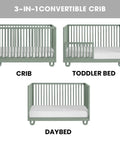 Meridian Crib To Toddler Bed Guard Rail Conversion Kit In Olive Green for 3-in-1 Convertible Cribs showing crib, toddler bed, daybed