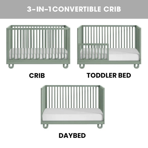 Meridian Crib To Toddler Bed Guard Rail Conversion Kit In Olive Green for 3-in-1 Convertible Cribs showing crib, toddler bed, daybed