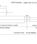 Technical diagram of 12V DC Linear Actuator 6 Inch Stroke, Beefy Heavy Duty 750N Lift with measurements and mounting holes.
