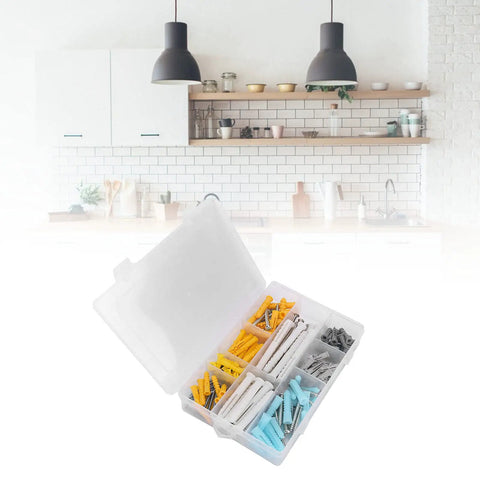 200 Piece Self Tapping Screw Kit With Anchors In Stainless Steel For Home Kitchen And Furniture Repairs, Includes 10 Sizes In 4 Colors, Organized Plastic Storage Box For Quick Grab And Go DIY Fixes in kitchen setting.