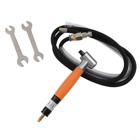 Top Shelf Right Angle Air Die Grinder Pencil Style Tool with orange grip and dual wrenches for quick repair and setup.