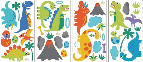 Cute Dinosaur Wall Decals For Nursery And Kids Room, Reusable Peel And Stick Sticker Art, multiple dinosaurs and volcanoes