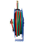 Side view of Retractable Welding Hose Reel With One Quarter Inch By 50 Foot Twin Oxygen Acetylene Hoses Heavy Duty Industrial Steel Build