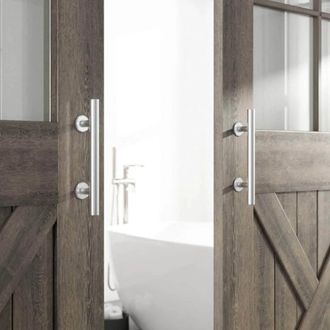 Two Pack 12 Inch Sliding Barn Door Handle Set, Heavy Duty Stainless Steel Flush Pull Hardware installed on barn doors