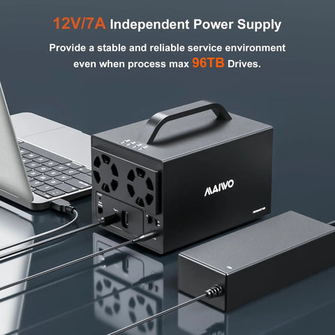 Plug And Play Heavy Lifter Four Bay Sata Storage Enclosure with 12V/7A power supply for stable 96TB drives.