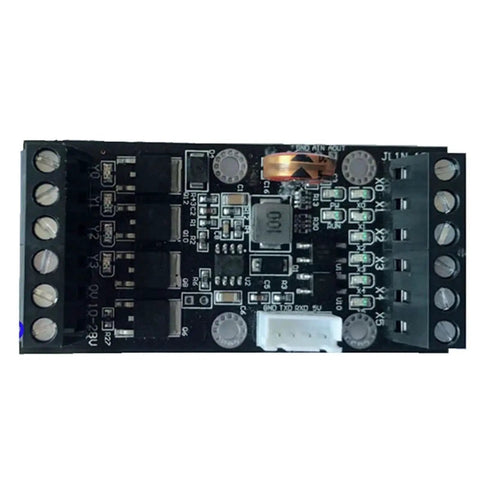 Plug And Play PLC Transistor Output Module With Six In And Four Out FX1N10MT Style Industrial Control Board DC 10 To 28 Volt Power Supply Includes Program Cable For Quick Setup And Reliable Automation. black PCB module with screw terminals