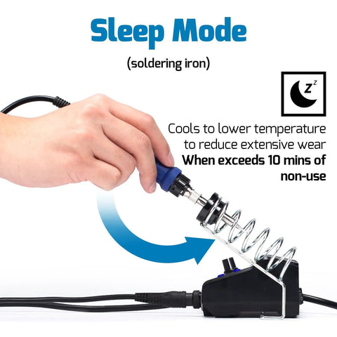 Hand adjusting the All In One Pro Grade Soldering Iron Station And Hot Air Rework System With Precision Temperature Control in sleep mode.