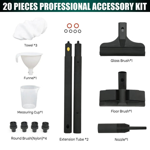 Multipurpose Steam Cleaner For Home Use With 275F High Temperature, 20 Accessories kit including brushes, nozzle, and extension tubes.