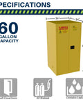 Built Like A Tank 60 Gallon Flammable Safety Cabinet With Self Closing Steel Doors And Heavy Duty Locking Mechanism For Garage Or Industrial Workshop Storage, yellow design, dimensions shown.