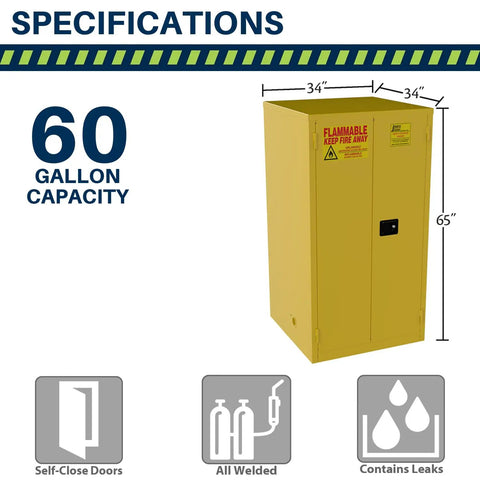 Built Like A Tank 60 Gallon Flammable Safety Cabinet With Self Closing Steel Doors And Heavy Duty Locking Mechanism For Garage Or Industrial Workshop Storage, yellow design, dimensions shown.