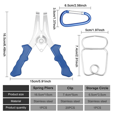 20 Pcs Solid Steel Miter Spring Clamps Kit With Ring Holder For Woodworking Trim, Crown Molding, And Picture Frames. Super Easy Grip Tool To Get Your Studio Project Done Fast Without A Hassle!; stainless steel spring pliers and clips shown with sizes