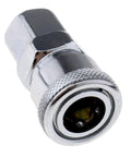Close-up of a coupler from the 18 Piece Air Compressor Quick Connect Fittings Set For Pneumatic Tools And Hoses Easy Snap In No Tools Required Durable Connector Coupler Kit For Fast Leak Free Air Hose Piping And Quick Assembly.