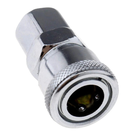 Close-up of a coupler from the 18 Piece Air Compressor Quick Connect Fittings Set For Pneumatic Tools And Hoses Easy Snap In No Tools Required Durable Connector Coupler Kit For Fast Leak Free Air Hose Piping And Quick Assembly.