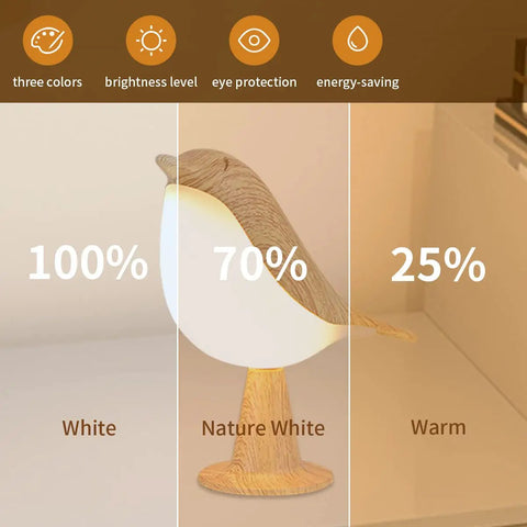 Cordless Bird Night Light With Touch Dimmer showing 3 brightness levels: white, nature white, and warm. Rechargeable Hummingbird Bedside Lamp.