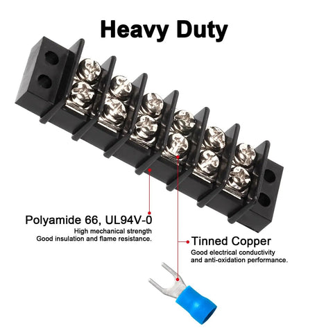 Heavy Duty 6 Circuit Terminal Block Strip Rock Solid Dual Row Layout In A Sweet 2 Pack Kit, polyamide housing, tinned copper lugs.