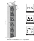 Six Tier Free Standing Closet Organizer In French Oak Finish Features Vertical Storage Profile with dimensions and weight limits for efficient organization.