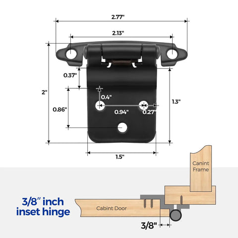 Diagram of 60 Packs 30 Pairs 3/8 Inch Inset Matte Black Cabinet Hinges Self Closing showing measurements and installation guide.