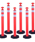 Real McCoy Heavy Duty Traffic Delineator Posts With Weighted Rubber Bases And Bright Reflective Strips For Parking Lot Safety Markers Road Construction Warning Stakes 42 Inch Tall Six Pack standing in a row.