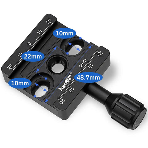 Arca Swiss Compatible 50mm Screw Knob Clamp Adapter for Quick Release Plates Fits Camera Tripod Ball Heads and Monopods Captive Knob With Safety Stop Grooves M6 Mount and Three Eighths Inch Threaded Hole for Versatile Rig, black aluminum