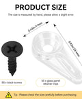 50 Pack Clear Flush Cabinet Glass Retainer Clips With 16Mm Screws, transparent clip and black screw, size chart for installation.