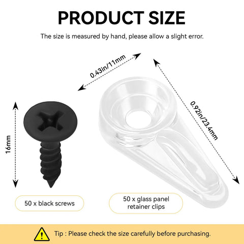 50 Pack Clear Flush Cabinet Glass Retainer Clips With 16Mm Screws, transparent clip and black screw, size chart for installation.