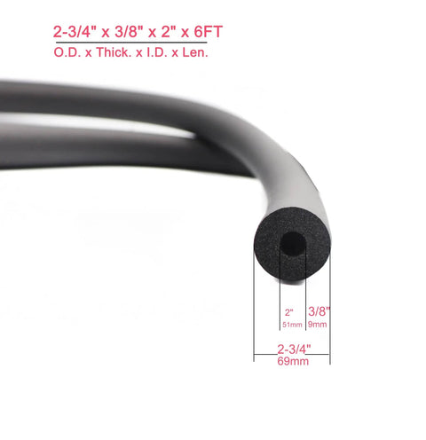 Close-up of black foam tube showing dimensions for 2 Inch ID Pipe Insulation Foam Tube 6 Ft Black Nitrile Rubber Tough Protector Cover